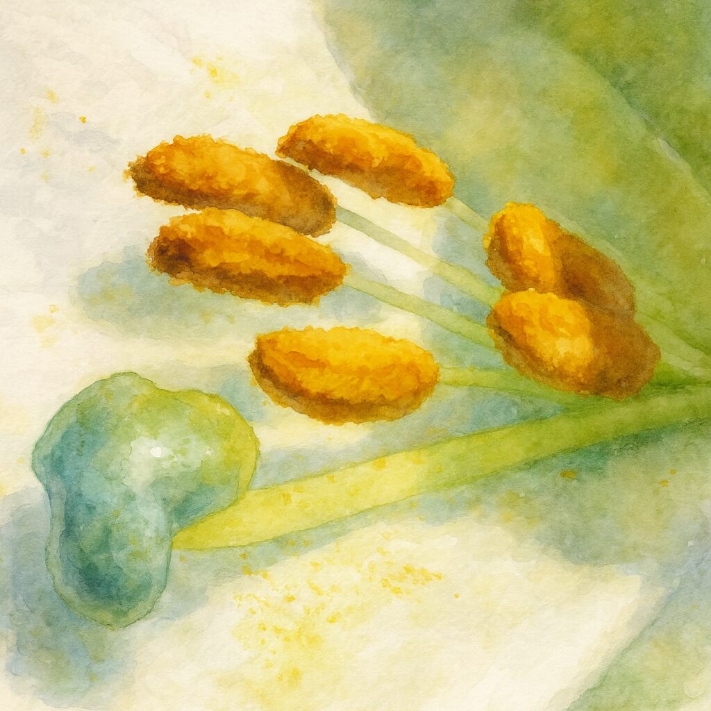 タカサゴユリ（高砂百合）の雄しべと雌しべを描いた水彩画風イラスト｜黄金色の花粉と柔らかな陰影が美しい植物画
