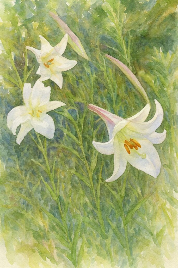タカサゴユリ（高砂百合）の3輪の花と蕾を描いた水彩画風イラスト｜葉の緑に純白の花が映えるボタニカルアート