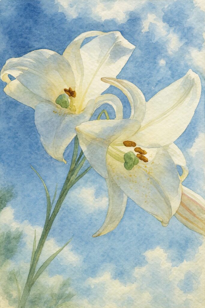 青空に映えるタカサゴユリ（高砂百合）を描いた水彩画風イラスト｜白い花が空へ伸びるボタニカルアート