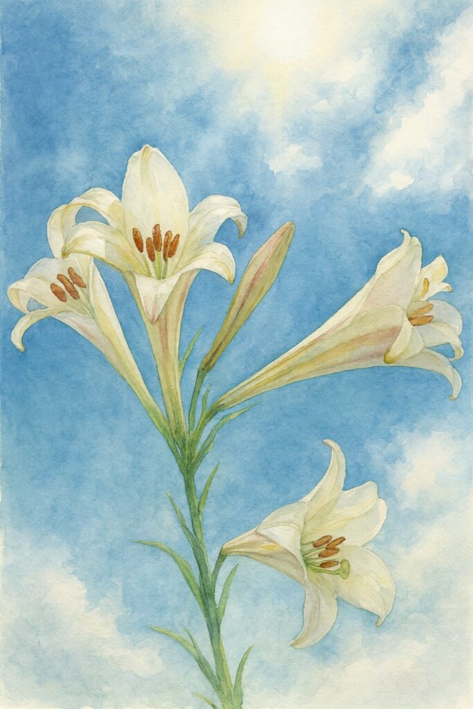 太陽に向かって咲くタカサゴユリ（高砂百合）を描いた水彩画風イラスト｜青空と白いユリが美しい植物画