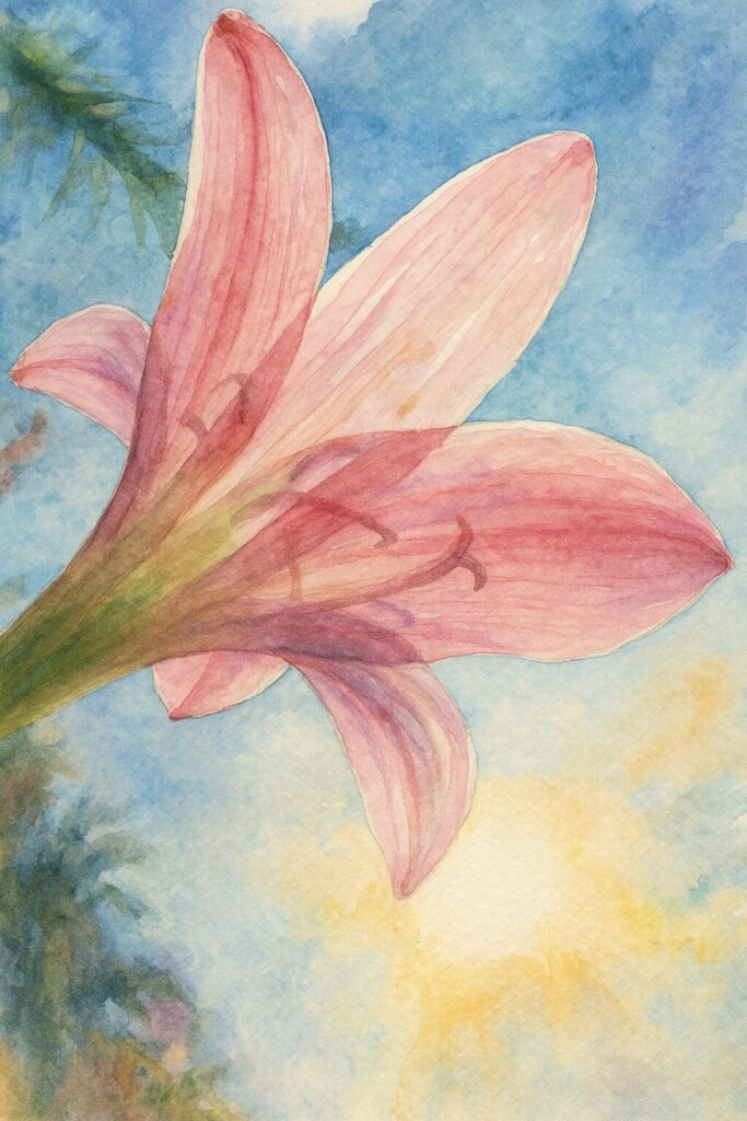 青空を背景に逆光で輝くピンクのサフランモドキを描いた水彩画風イラスト