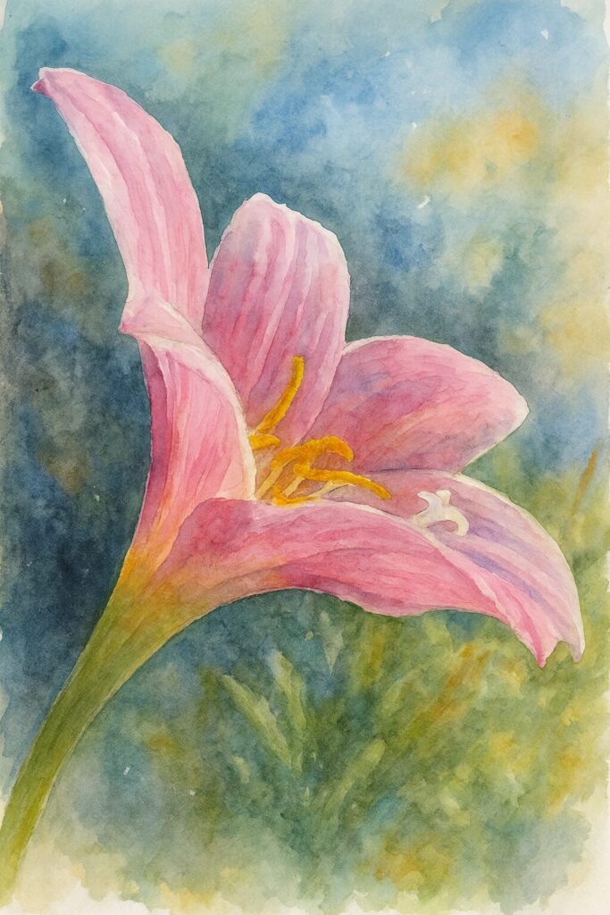 ピンク色のサフランモドキを横から描いた水彩画風イラスト。繊細な花びらと雄しべが印象的