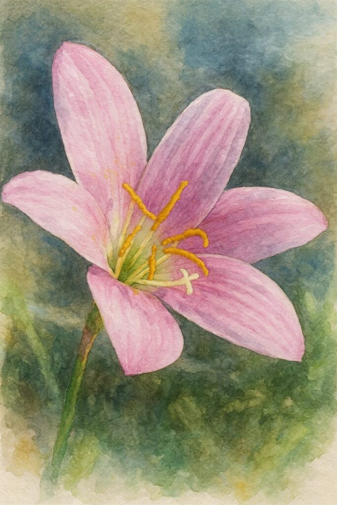 ピンク色のサフランモドキを正面から描いた水彩画風イラスト。繊細な花びらと雄しべが美しい