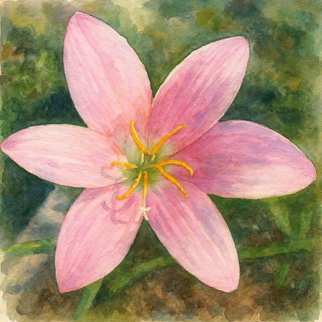 真上から描かれたピンク色のサフランモドキの水彩画風イラスト。繊細な花びらと雄しべが美しい