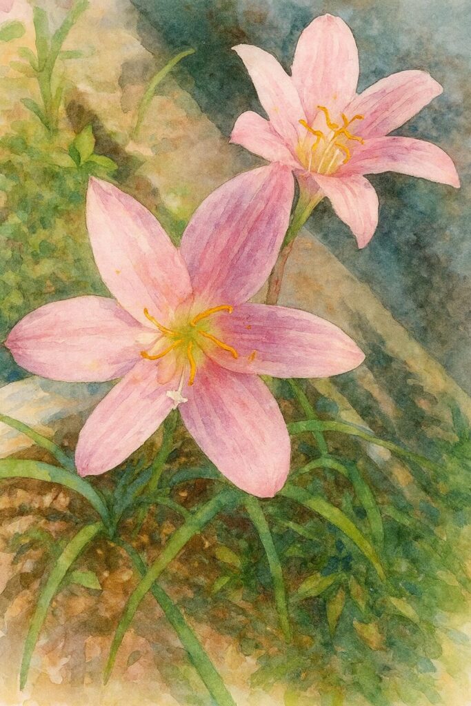 ピンク色のサフランモドキが2輪並んで咲く様子を描いた水彩画風イラスト。柔らかな色彩が美しい