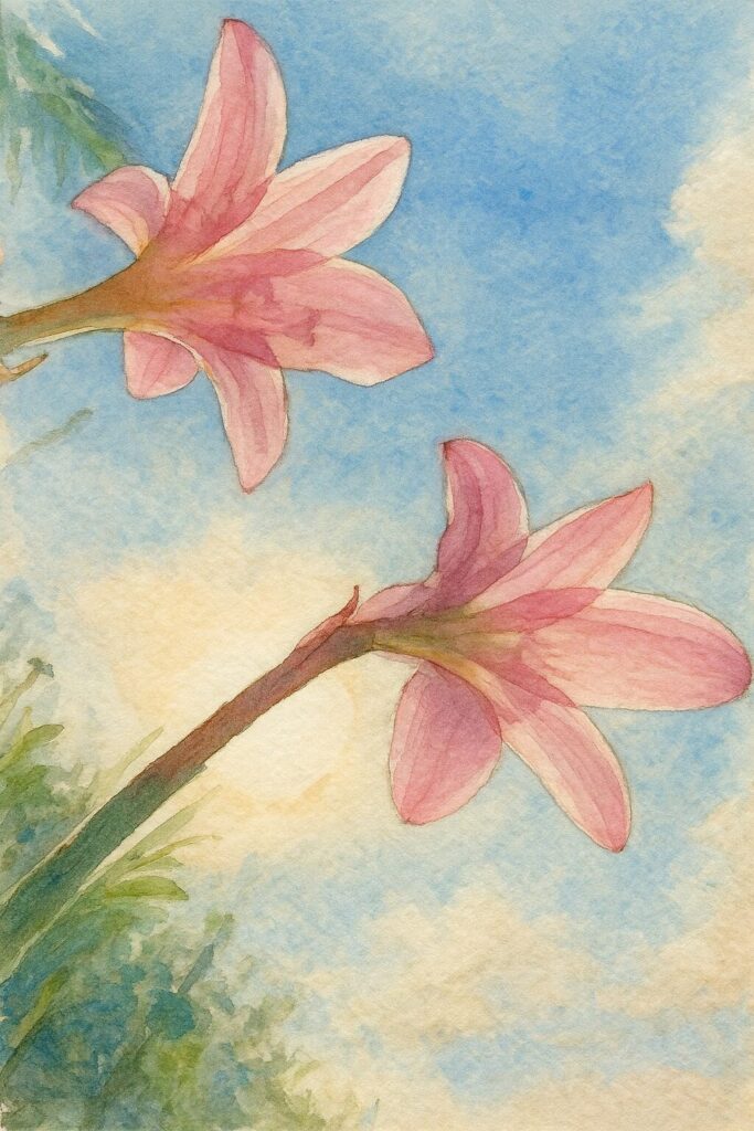 青空に向かって咲く2輪のピンク色のサフランモドキを逆光で描いた水彩画風イラスト