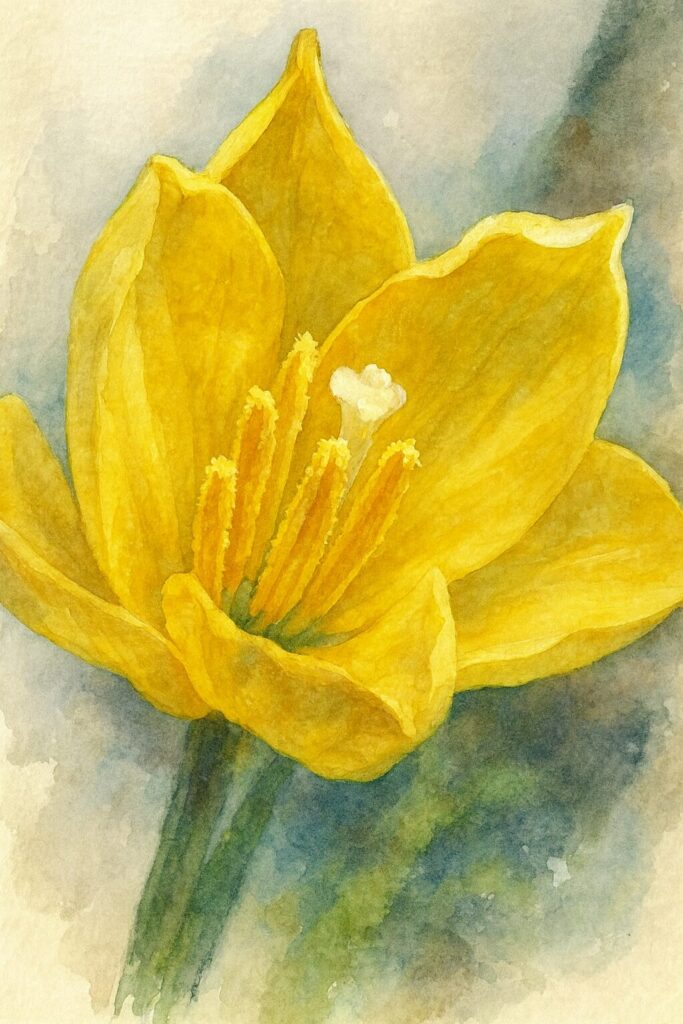 キバナタマスダレの黄色い花を水彩画風に描いたイラスト｜柔らかな質感と雌しべ・雄しべのディテールが美しい植物アート