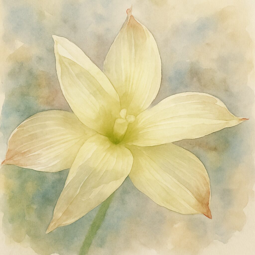 淡い黄色のキバナタマスダレを水彩画風に描いたイラスト｜花弁のスジとやさしい色合いが特徴の植物アート