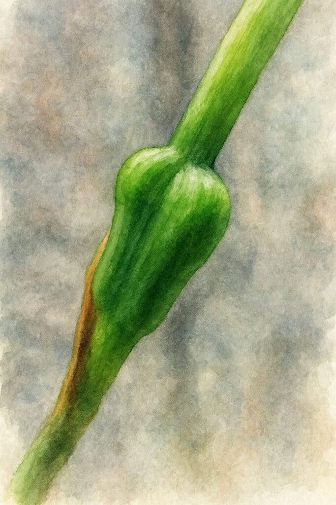 キバナタマスダレの実を水彩画風に描いた植物アート｜緑の子房の立体感と質感を表現したボタニカルイラスト