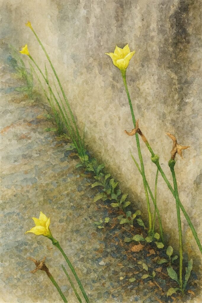 コンクリートの壁際に咲くキバナタマスダレを水彩画風に描いたイラスト｜雑草と共に力強く伸びる花