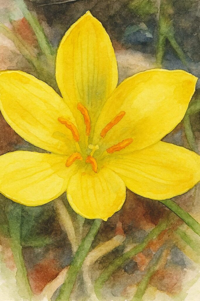 キバナタマスダレの黄色い花を真上から描いた水彩画風イラスト｜オレンジ色の雄しべが映える植物アート