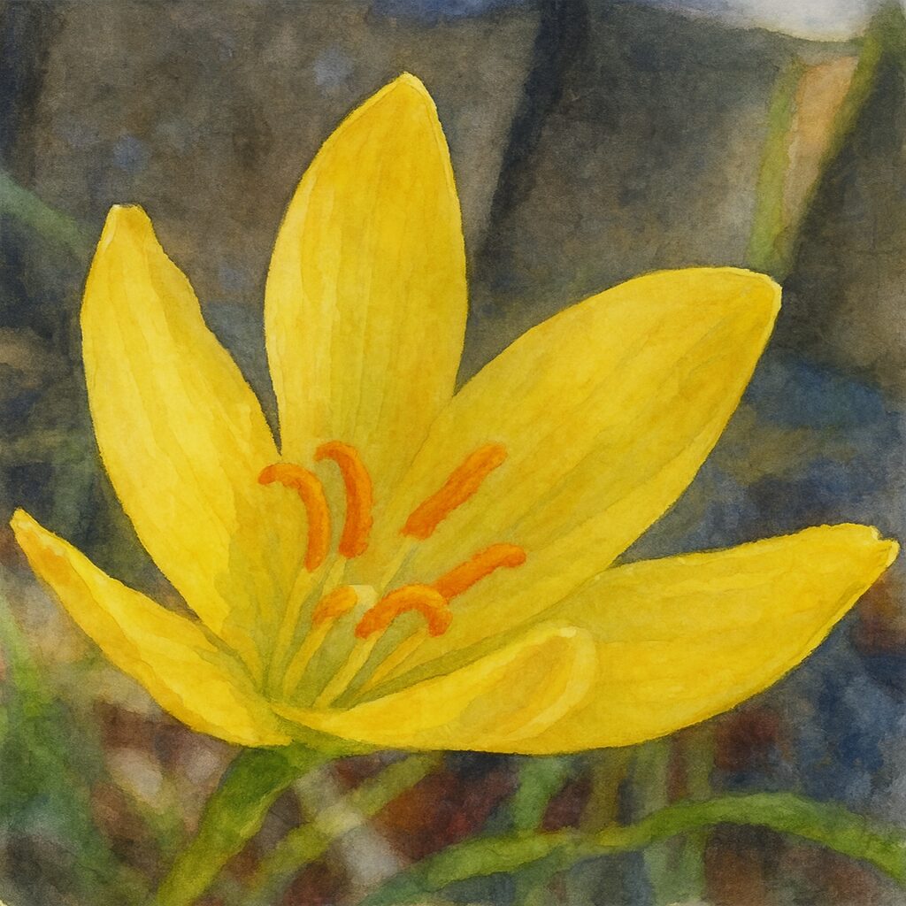 キバナタマスダレの黄色い花を斜め上から描いた水彩画風イラスト｜明るい花色と柔らかな線が美しい植物アート