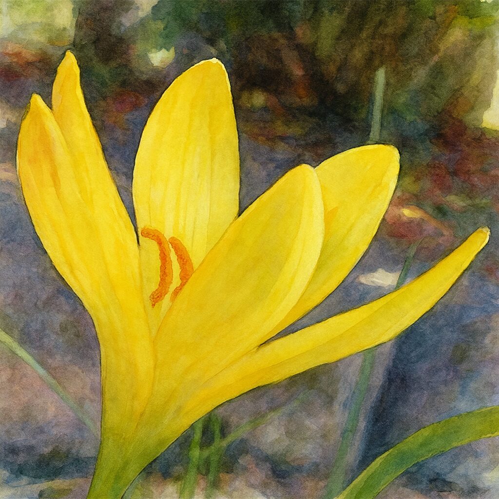 キバナタマスダレの黄色い花を水彩画風に描いた植物アート｜柔らかな背景に映える鮮やかな花