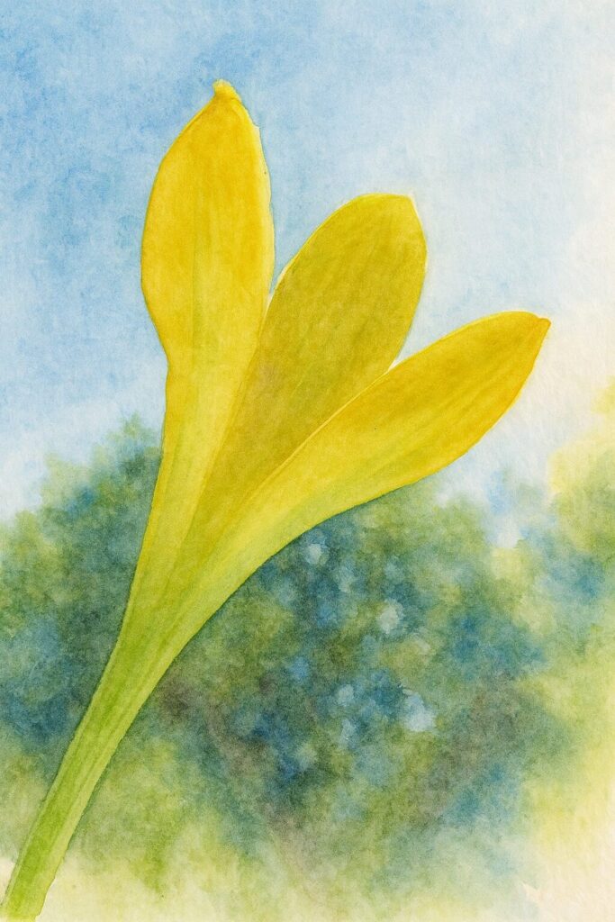 青空を背景に咲くキバナタマスダレを描いた水彩画風イラスト｜光に透ける黄色い花びらが美しい植物アート