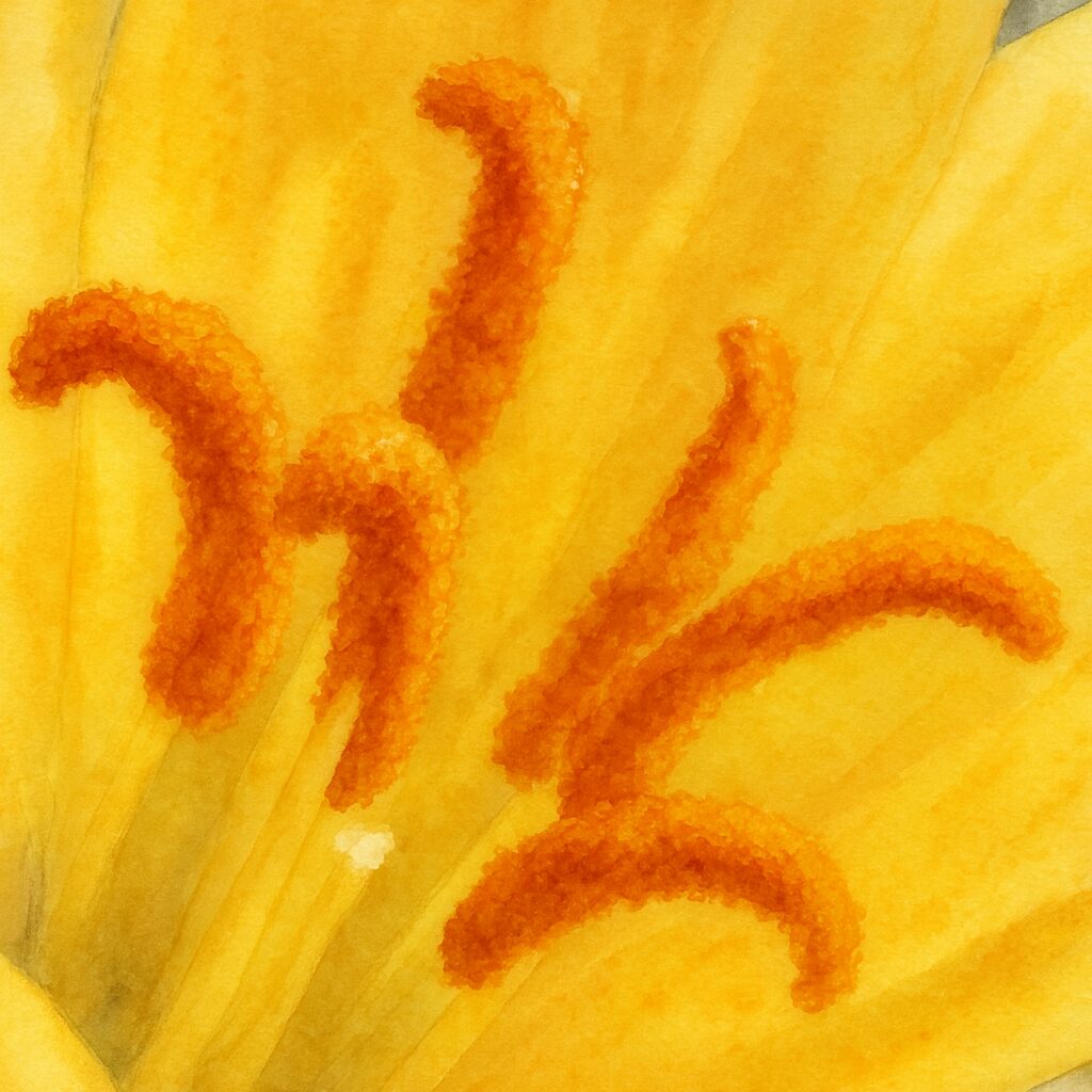 キバナタマスダレの雄しべを水彩画風に描いたボタニカルアート｜花粉の粒感を繊細に表現した接写イラスト