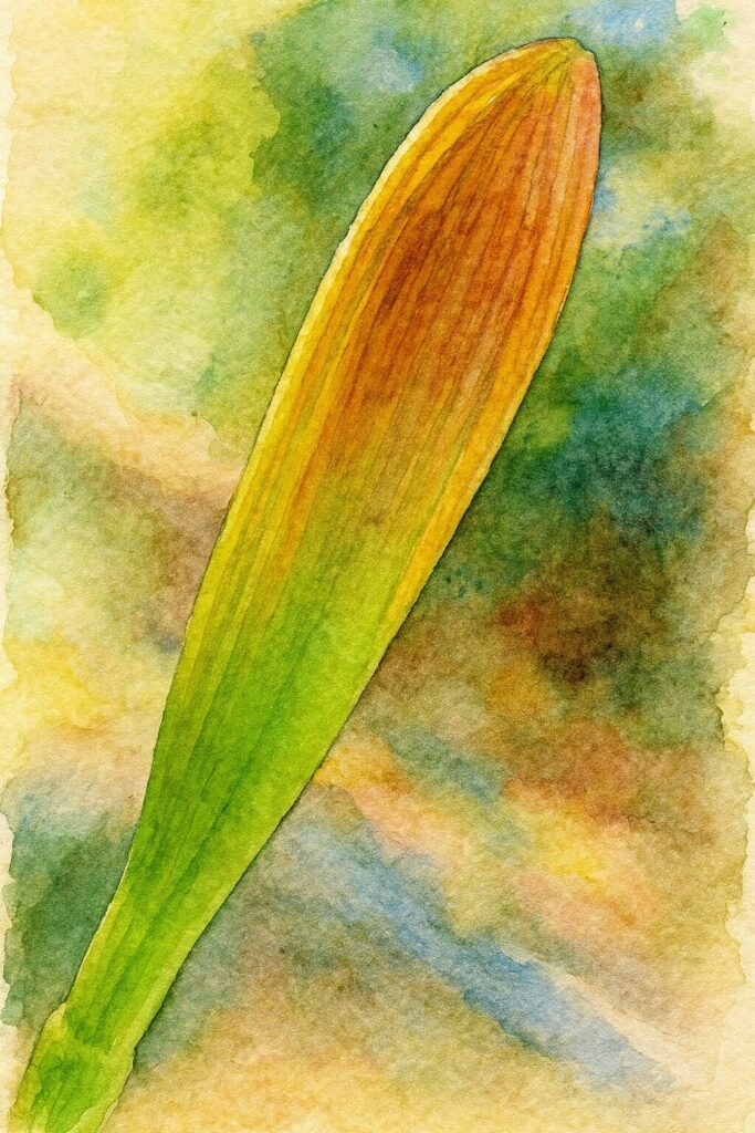 キバナタマスダレの蕾を水彩画風に描いた植物アート｜黄緑からオレンジに変わる色合いが美しい蕾のイラスト