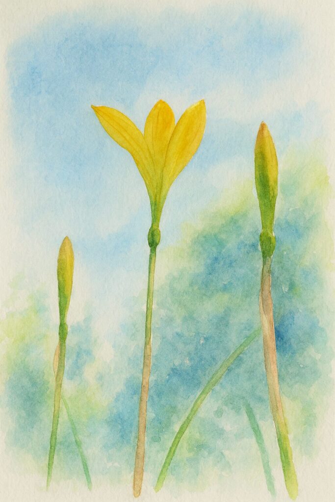 青空に向かって伸びるキバナタマスダレを描いた水彩画風イラスト｜開花と蕾のコントラストが美しい植物アート
