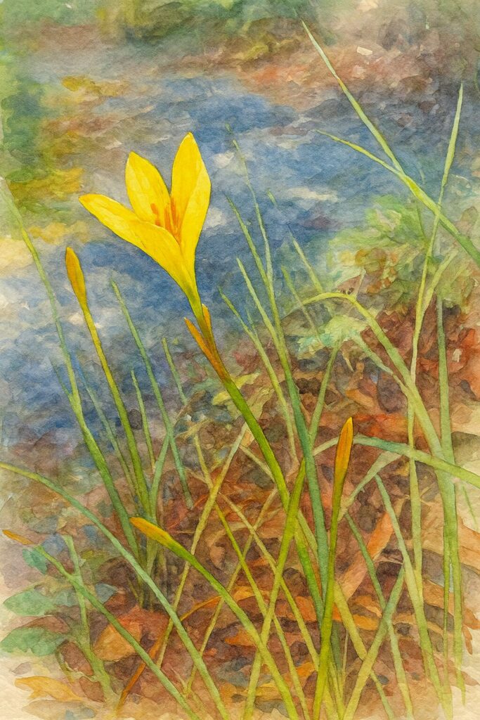 野草地に咲くキバナタマスダレを描いた水彩画風イラスト｜黄色い花と細い葉が風に揺れる植物アート