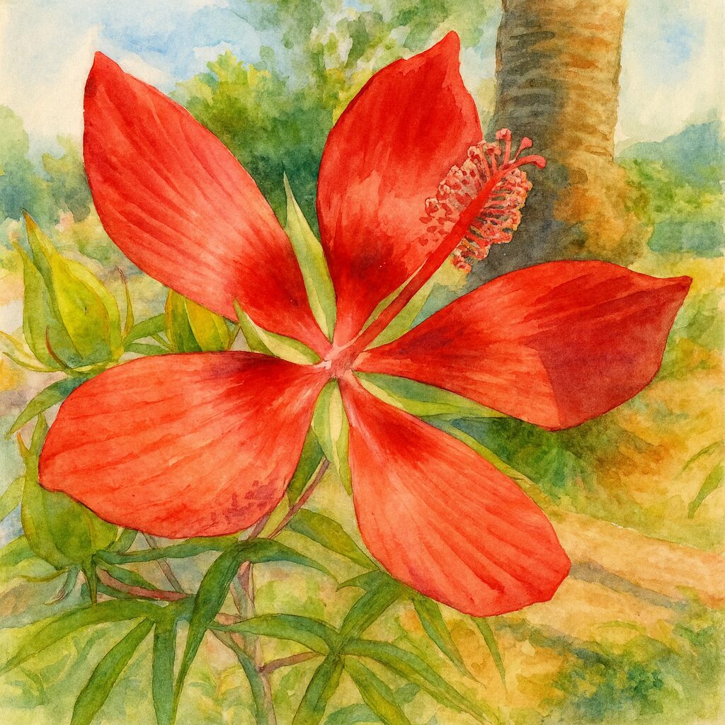 鮮やかな赤いモミジアオイを描いた水彩画風イラスト|自然の背景に映える大輪の花