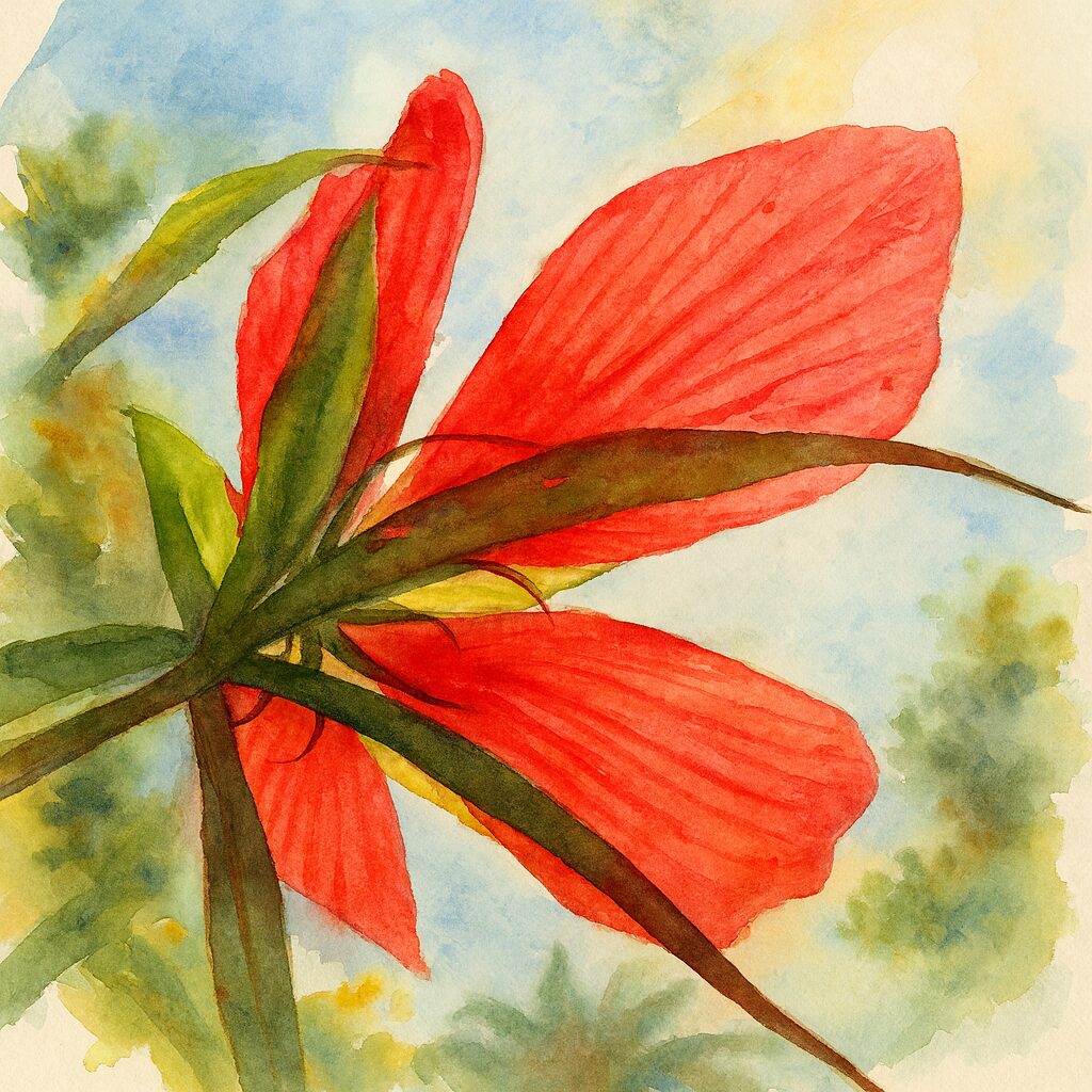 逆光で輝く赤いモミジアオイを描いた水彩画風イラスト|青空と緑の背景に映える花びら