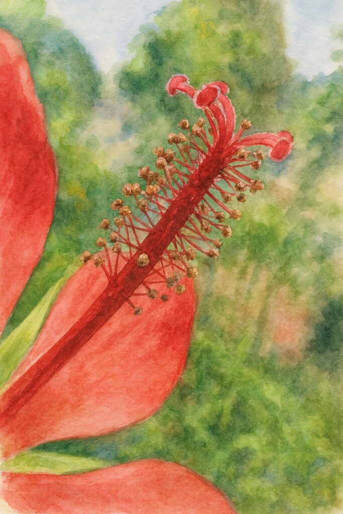 モミジアオイの雄しべを描いた水彩画風イラスト|鮮やかな赤色と柔らかな背景が美しい植物アート