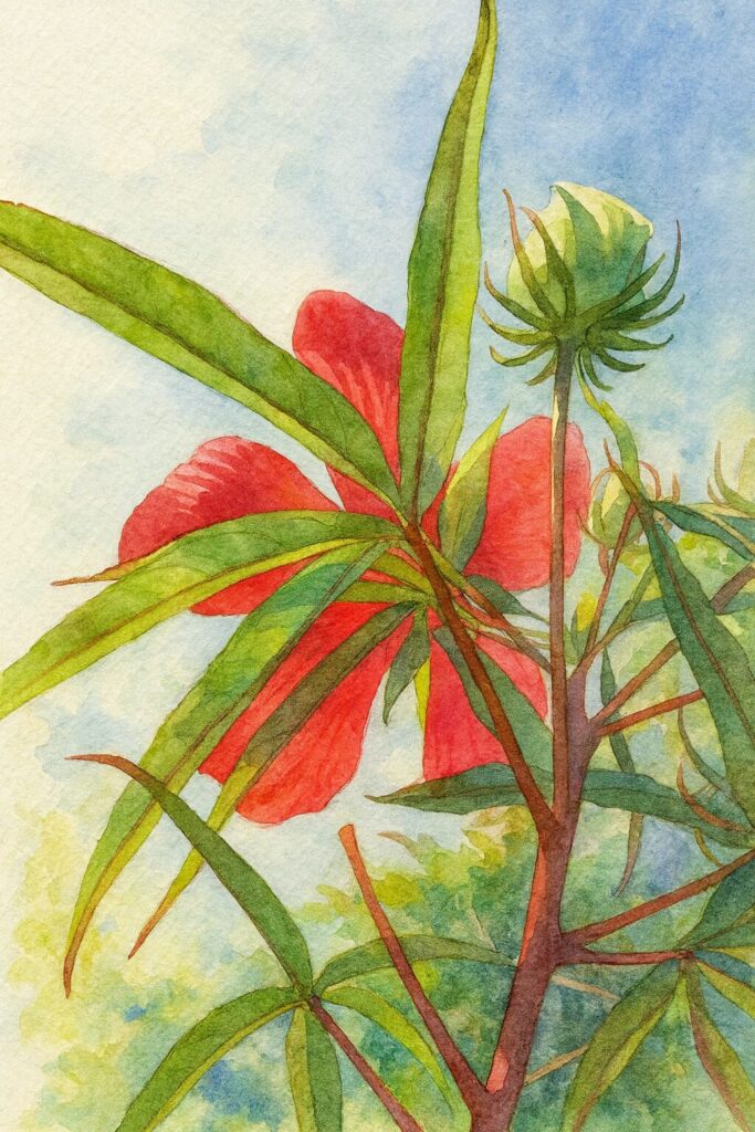 葉越しに赤いモミジアオイを描いた水彩画風イラスト|青空と光に映える植物アート