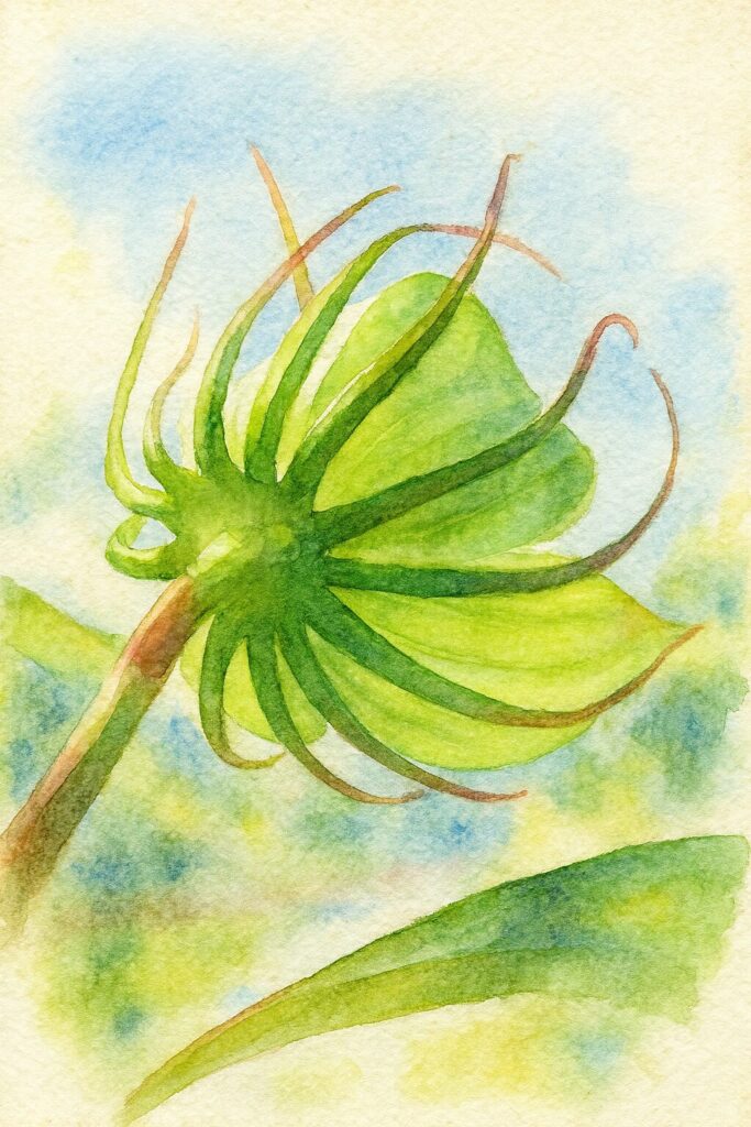 モミジアオイの蕾を描いた水彩画風イラスト|光を受けて輝く緑の萼片と淡い背景が美しい植物アート