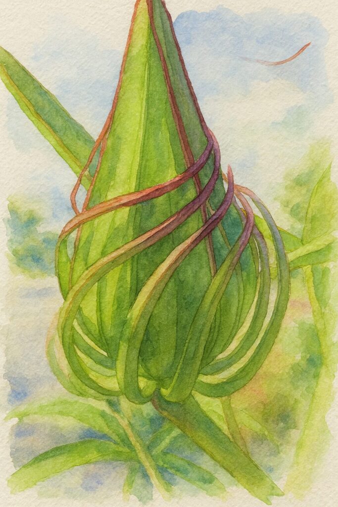 螺旋状に巻く萼片をもつモミジアオイの蕾を描いた水彩画風イラスト|淡い背景に映える植物アート