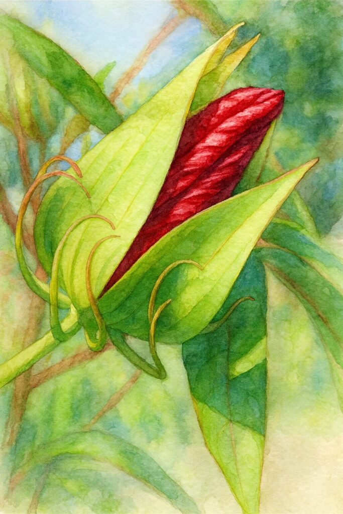 開きかけたモミジアオイのつぼみを描いた水彩画風イラスト|赤と緑のコントラストが美しい植物アート