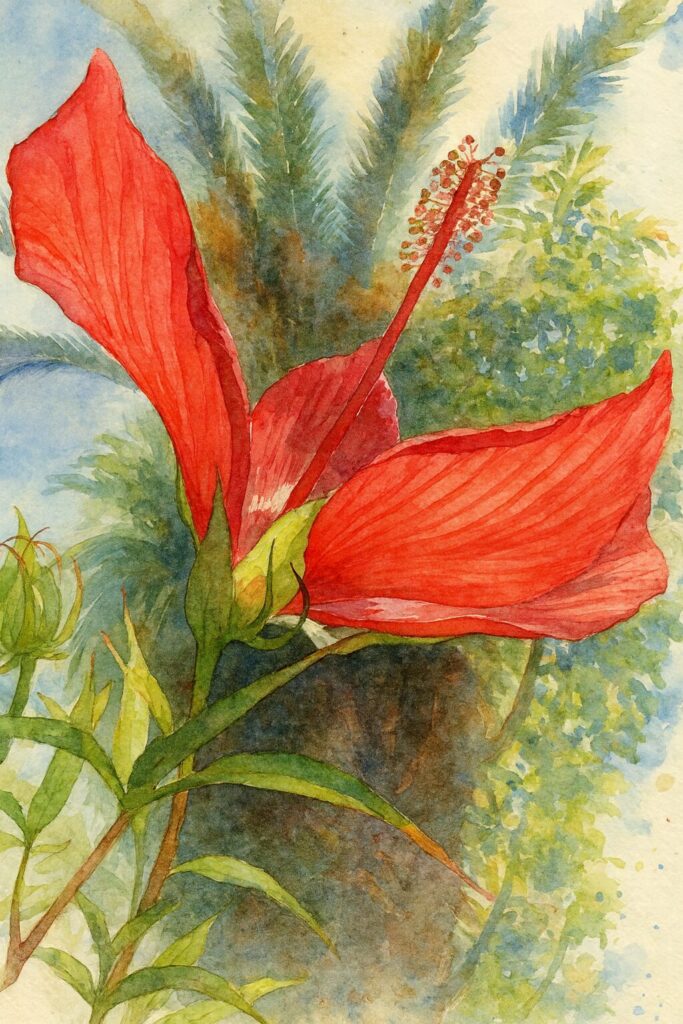 青空と木々を背景に咲くモミジアオイを描いた水彩画風イラスト|真紅の花びらと雄しべが美しい植物アート