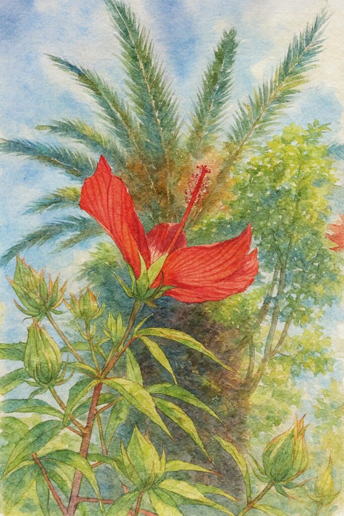 青空とヤシの葉を背景に描かれたモミジアオイの水彩画風イラスト|真紅の花と緑のつぼみが美しい植物アート