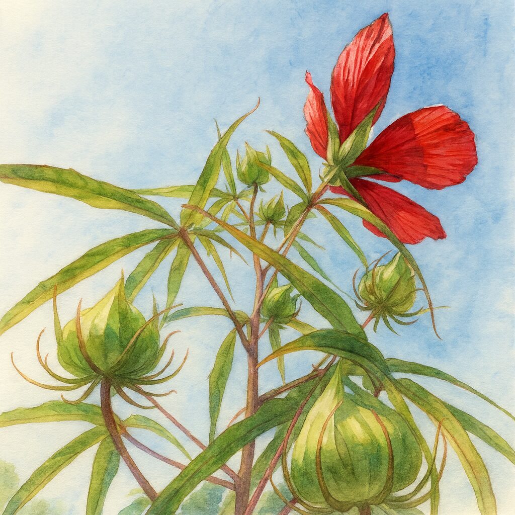 青空を背景に赤いモミジアオイとつぼみを描いた水彩画風イラスト|透明感のある葉と花びらが美しい植物アート