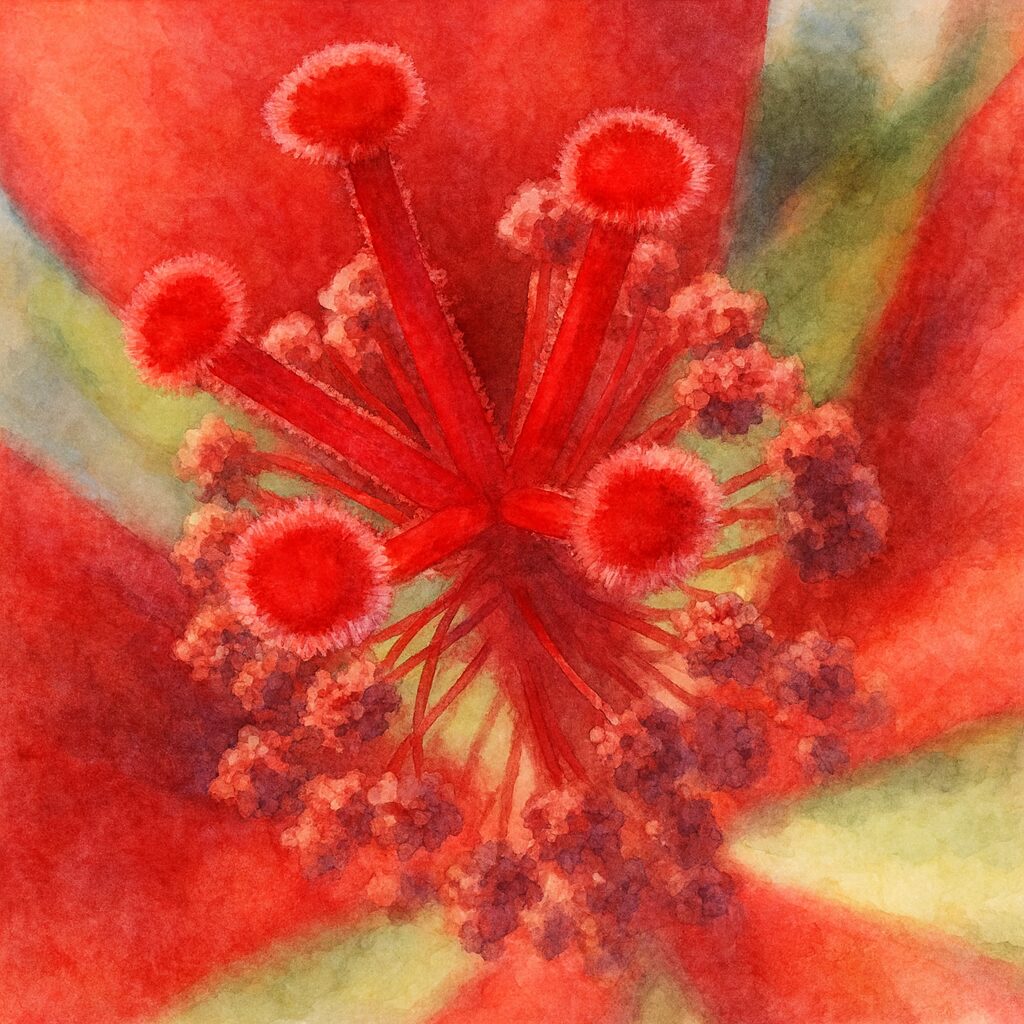 モミジアオイの雌しべと雄しべを描いた水彩画風イラスト|真紅の花芯が際立つ植物アート