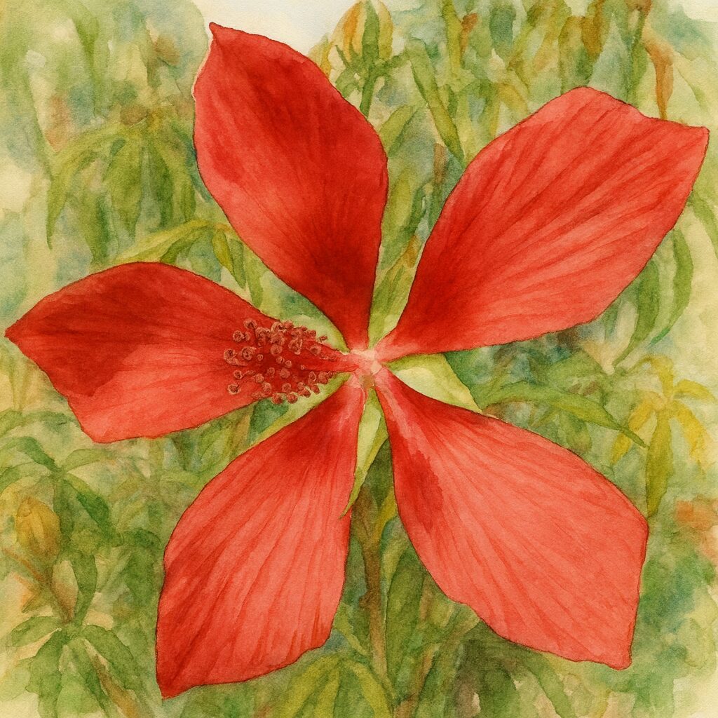鮮やかな赤いモミジアオイを描いた水彩画風イラスト|緑の背景に映える大輪の花