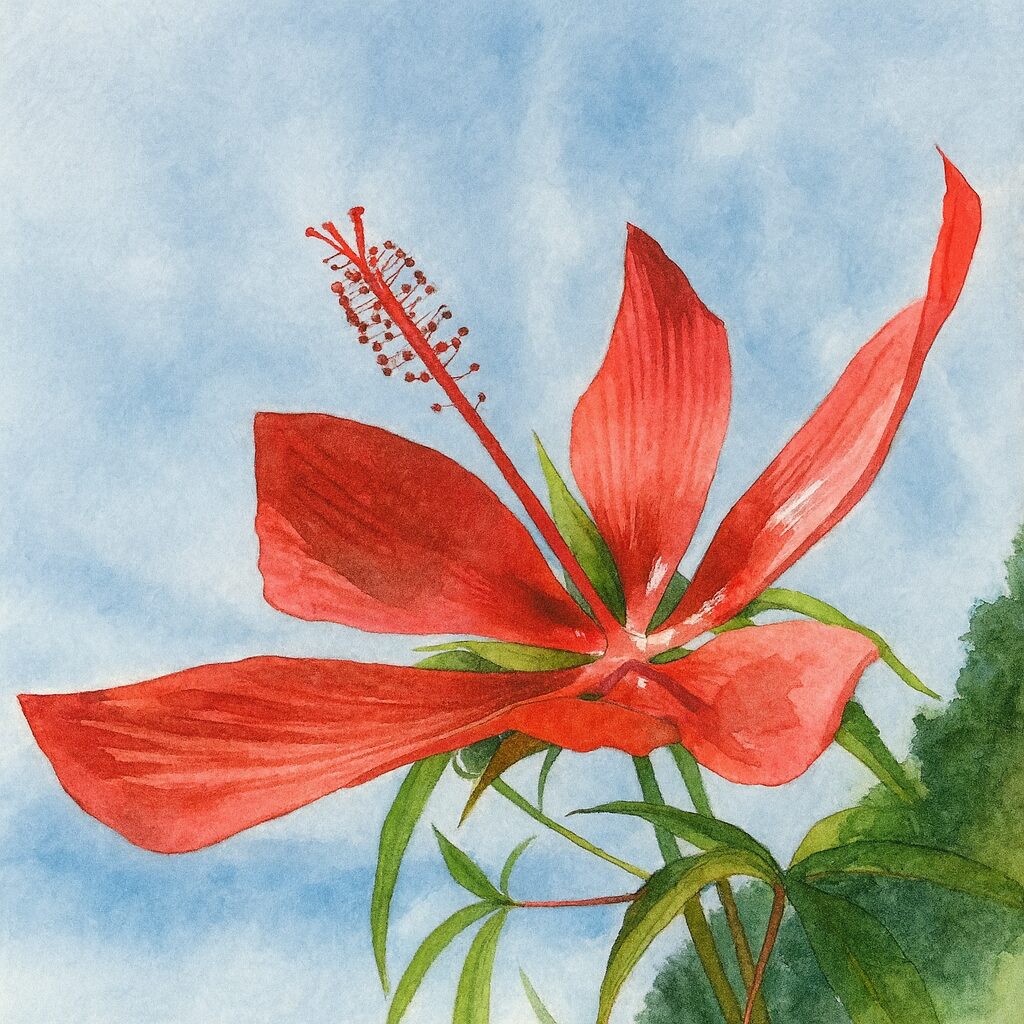 青空と緑を背景に描かれたモミジアオイの水彩画風イラスト|鮮やかな赤い花びらが映える植物アート