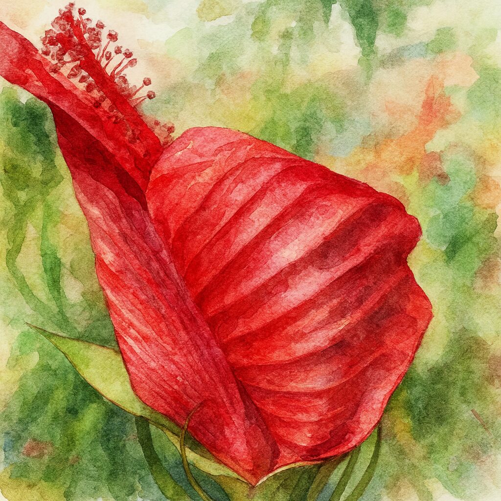 開花途中のモミジアオイを描いた水彩画風イラスト|質感豊かな赤い花びらが印象的な植物アート