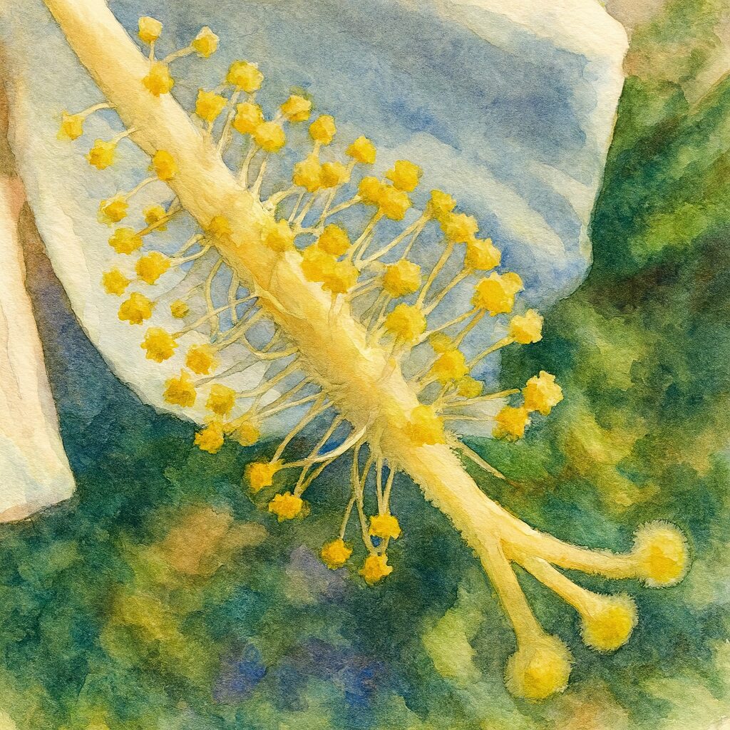 白いモミジアオイの雄しべと花粉を描いた水彩画風イラスト|繊細な黄色の粒が際立つ植物アート