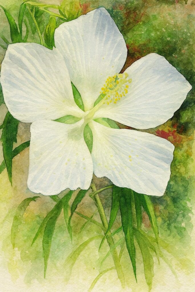 白いモミジアオイを描いた水彩画風イラスト|透明感ある花びらと柔らかな背景が美しい植物アート