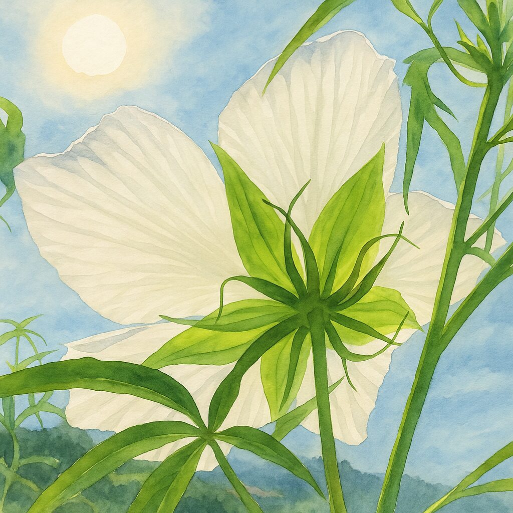 逆光で輝く白いモミジアオイを描いた水彩画風イラスト|透き通る花びらと淡い青空の植物アート