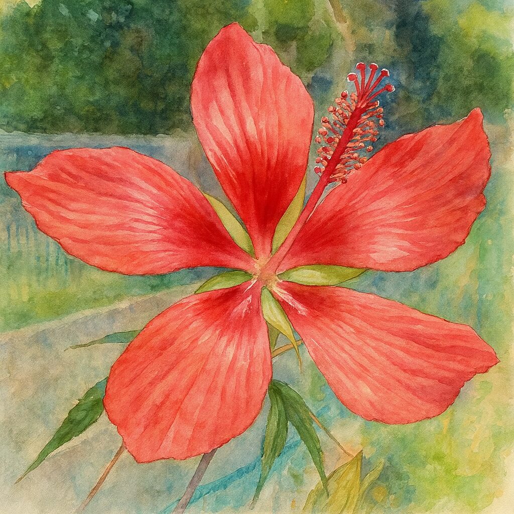 水彩画風に描かれたモミジアオイの赤い花の植物イラスト|ボタニカルアート