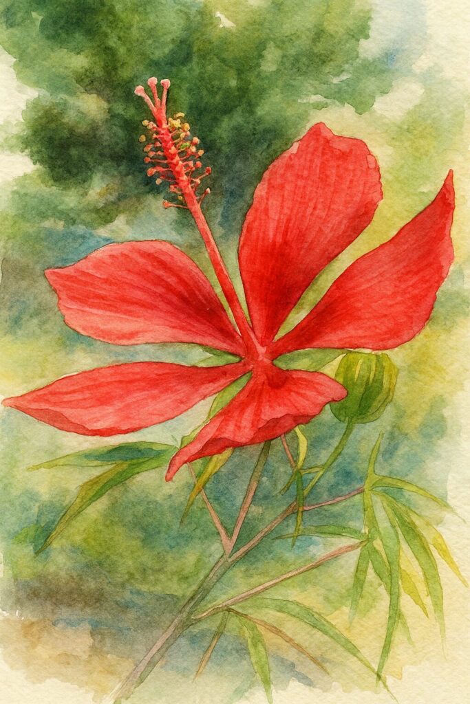 水彩画風に描かれた赤いモミジアオイの植物イラスト|ボタニカルアート