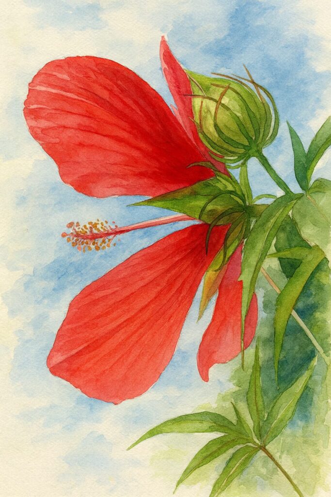 青空の下で咲く赤いモミジアオイを描いた本格水彩画風イラスト