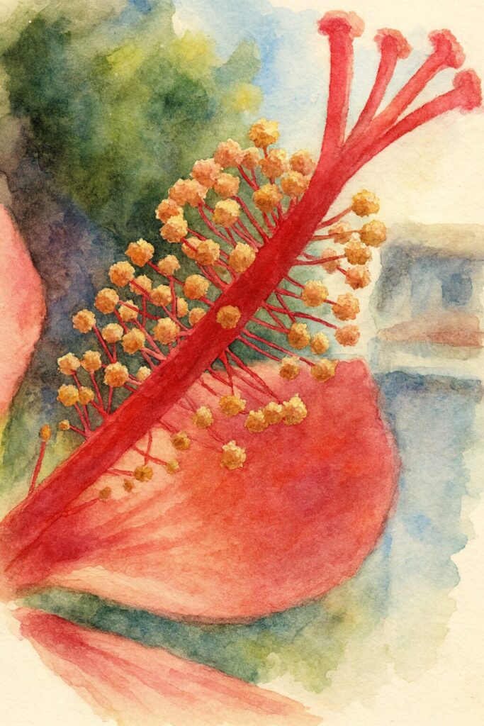 モミジアオイの雄しべを描いた水彩画風イラスト。赤い花柱と黄色い花粉を柔らかな筆致で表現