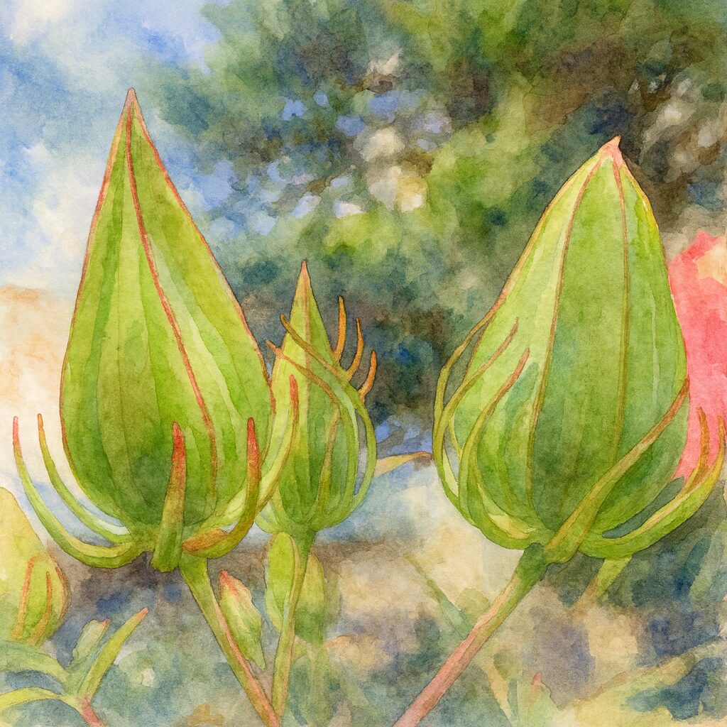 モミジアオイのつぼみを描いた水彩画風イラスト。緑のつぼみと柔らかな背景を淡い筆致で表現