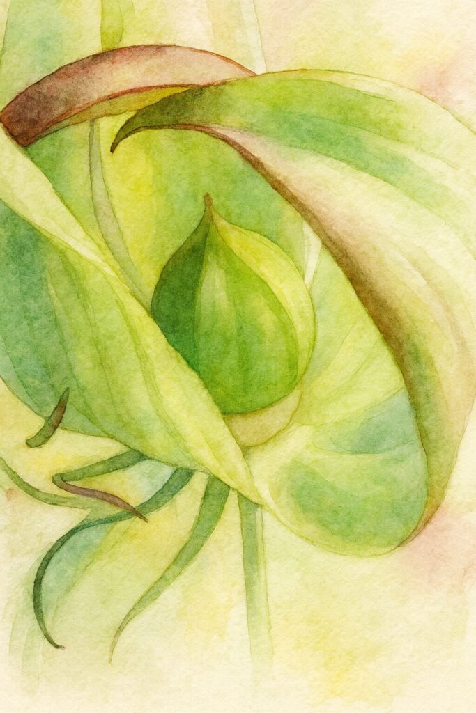 モミジアオイのつぼみを描いた水彩画風イラスト。鮮やかな緑の萼片と内側の花芽を柔らかい筆致で表現
