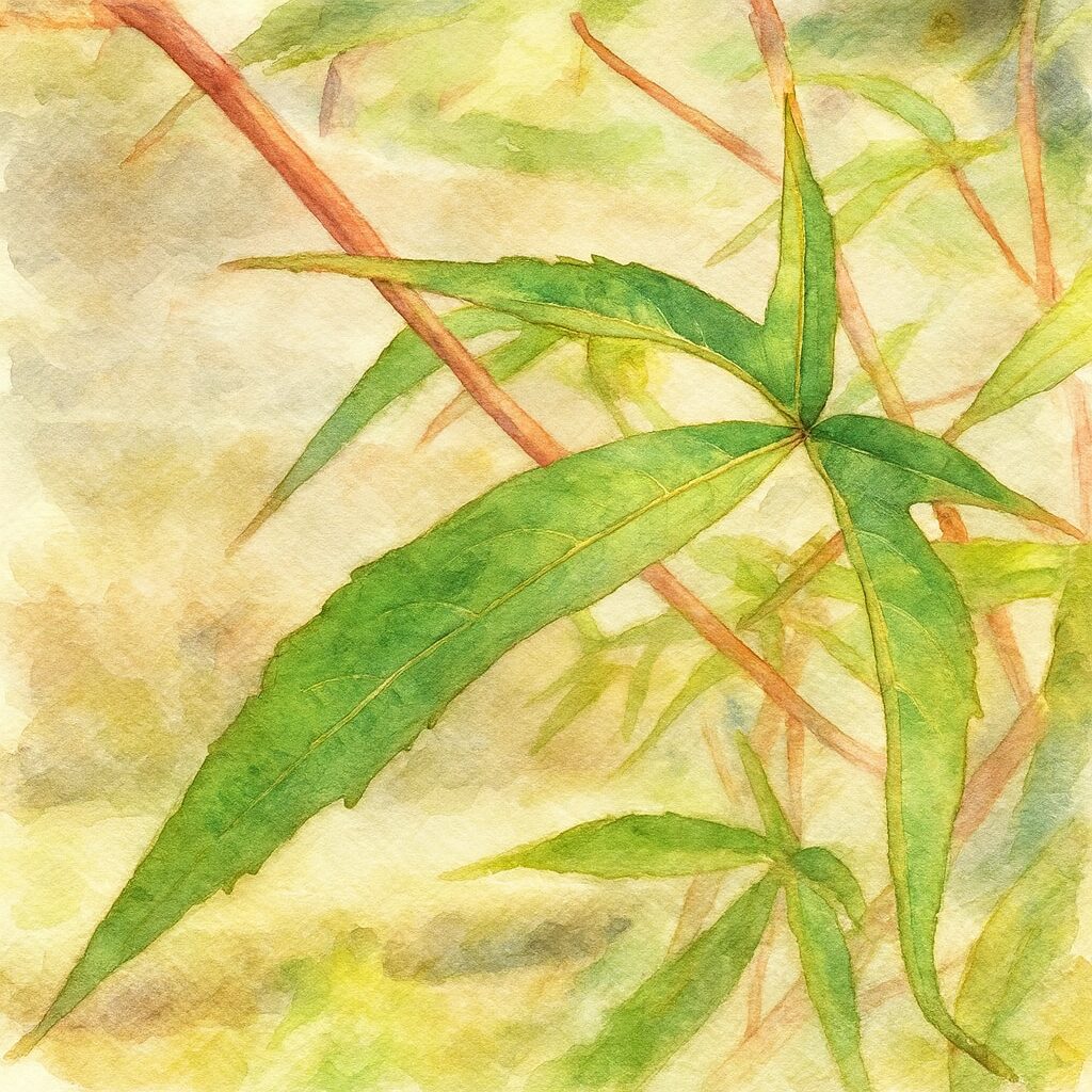モミジアオイの葉を描いた水彩画風イラスト。赤い茎と細長い緑の葉を柔らかい筆致で表現した植物アート
