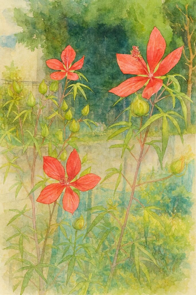 赤いモミジアオイの花と蕾を描いたボタニカル水彩画、背景に庭の木々とフェンス