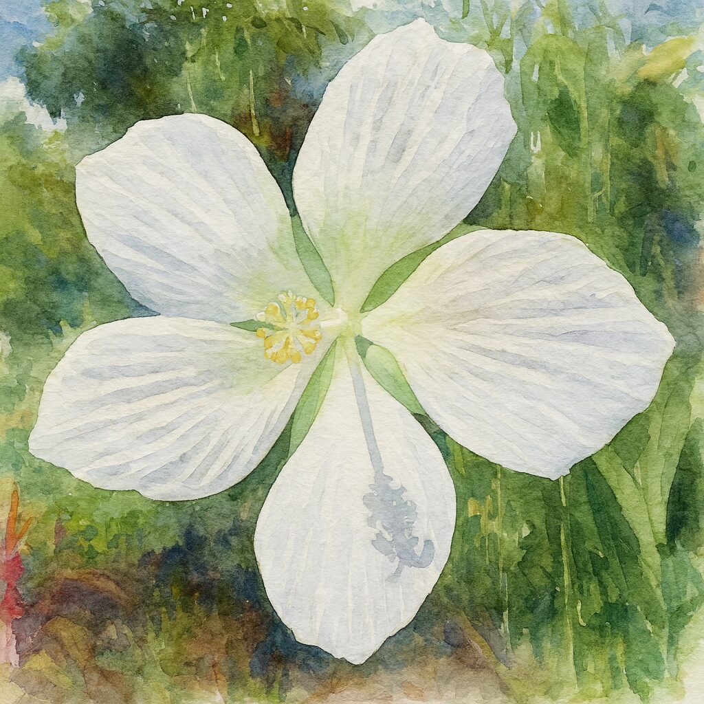 白いモミジアオイの花を鮮やかな緑背景とともに描いた水彩画風イラスト