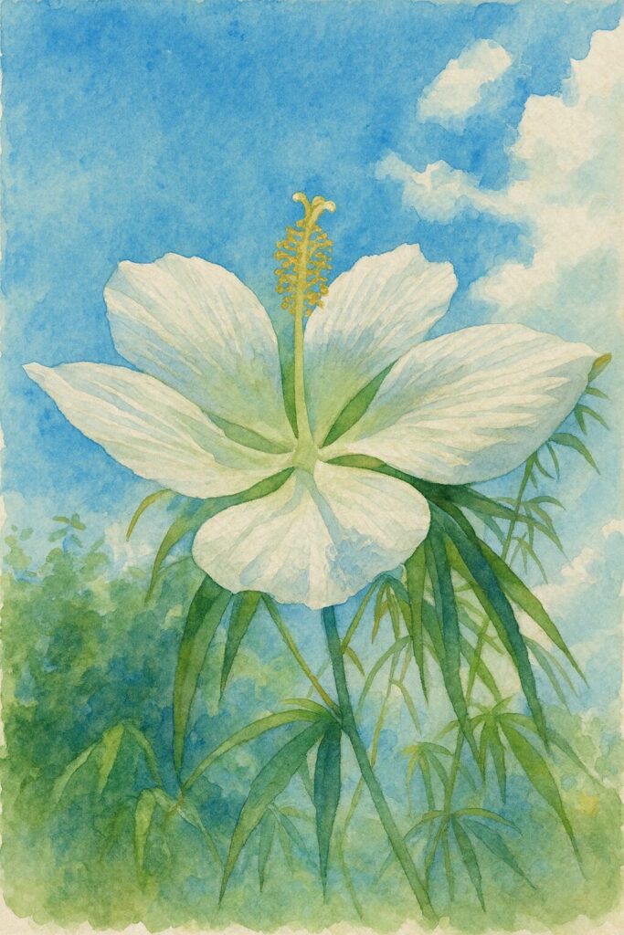 青空と白い雲を背景に描かれた白いモミジアオイの水彩画イラスト