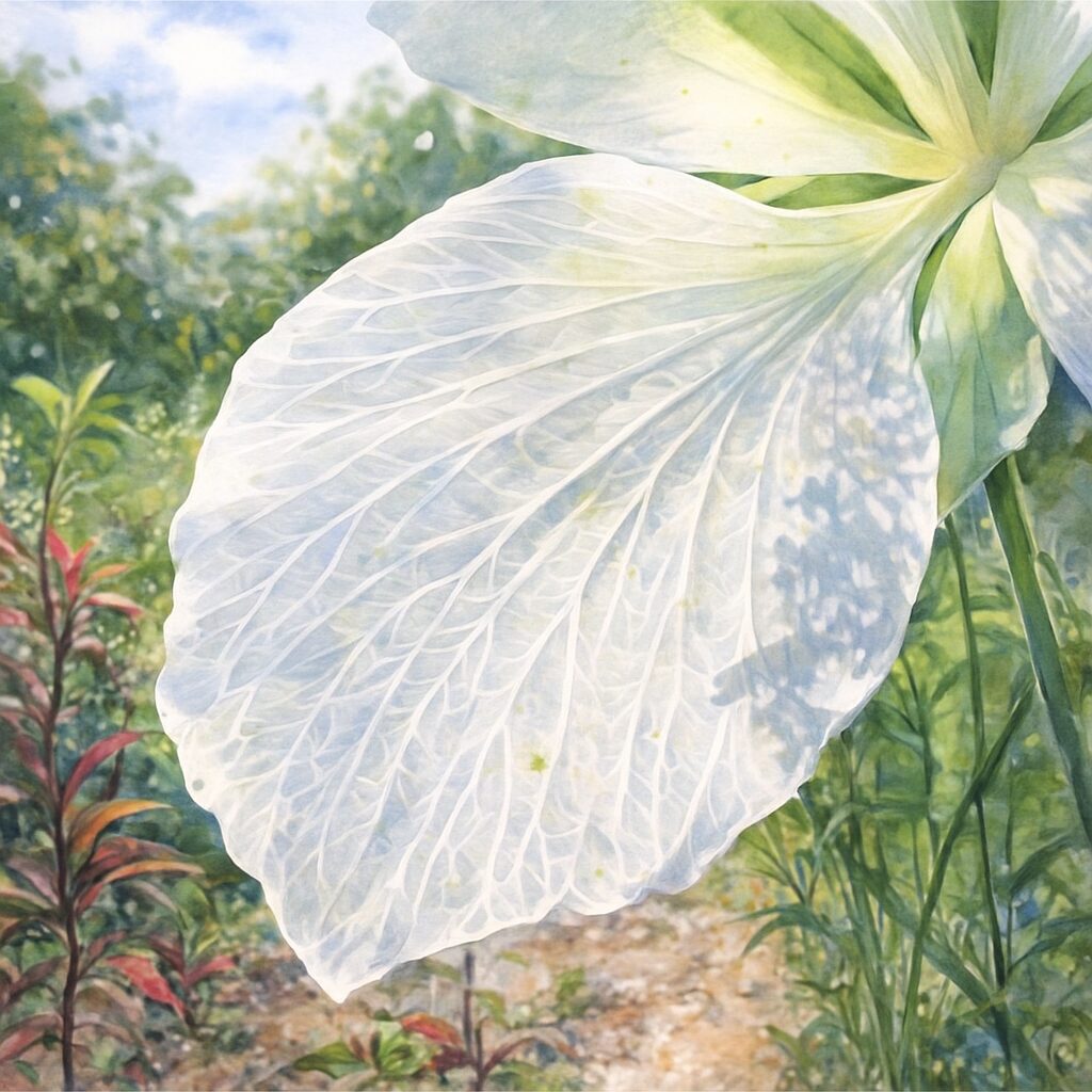 白いモミジアオイの花びらの葉脈を柔らかなタッチで描いた水彩画風イラスト